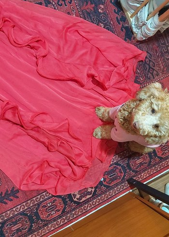 Kırmızı Uzun Volanlı Abiye Elbise - Görsel 3