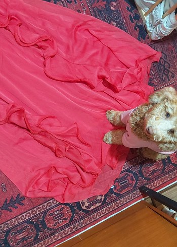 Kırmızı Uzun Volanlı Abiye Elbise - Görsel 4