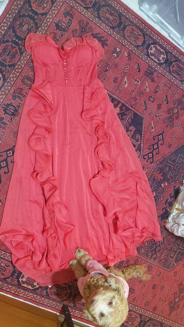 Kırmızı Uzun Volanlı Abiye Elbise - Görsel 5