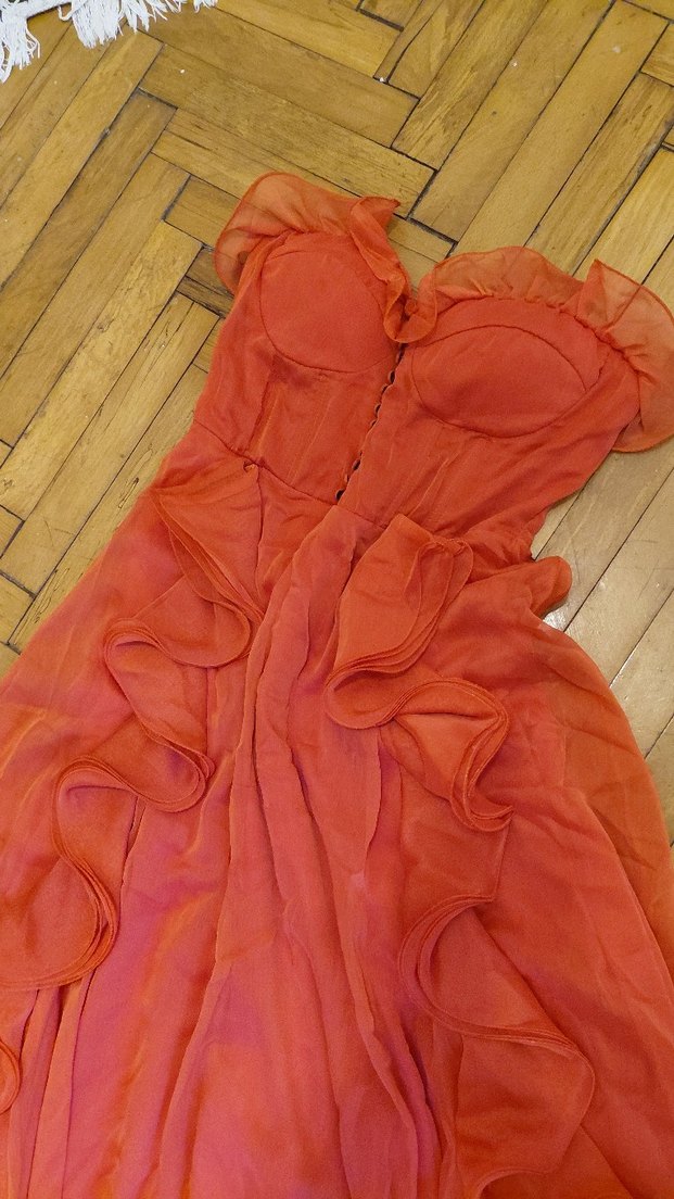 Kırmızı Uzun Volanlı Abiye Elbise - Görsel 2