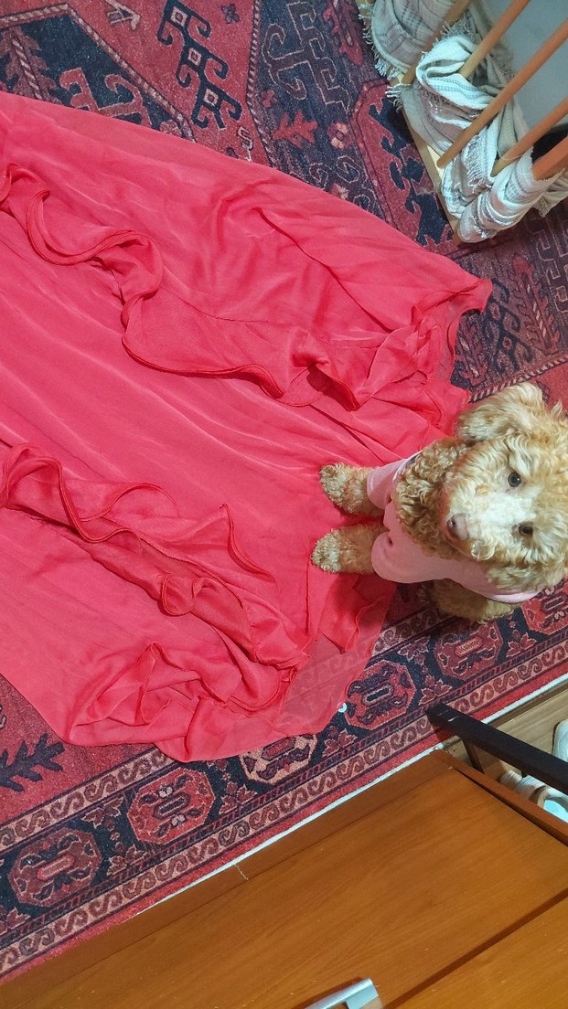 Kırmızı Uzun Volanlı Abiye Elbise - Görsel 3