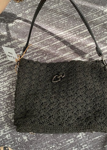 Dantel Detaylı Siyah Örgü Kadın Çanta