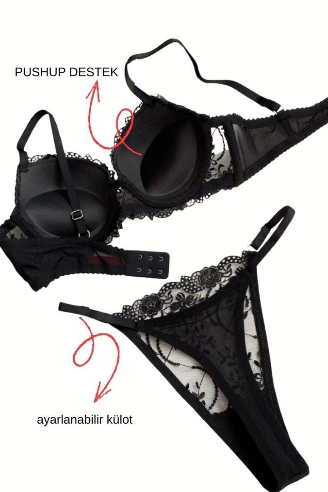 Siyah Destekli Push Up Sıfır Sütyen+tanga - Görsel 3