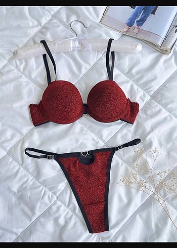 Simli Kırmızı Push Up Destekli Sütyen+Tanga - Görsel 2