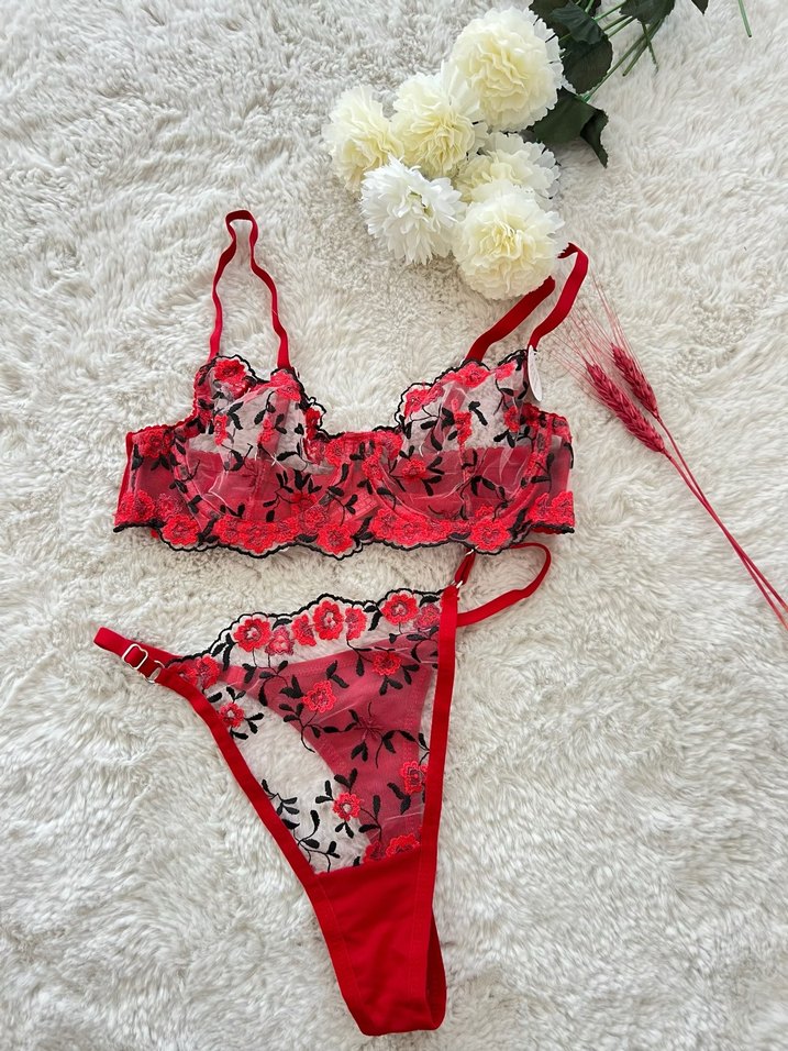 Kırmızı Çiçekli Sıfır Sexy Sütyen+Tanga - Görsel 2