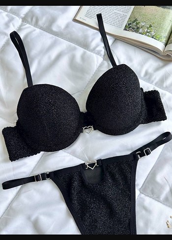 Siyah Simli Push Up Destekli Sıfır Sütyen+Tanga - Görsel 2