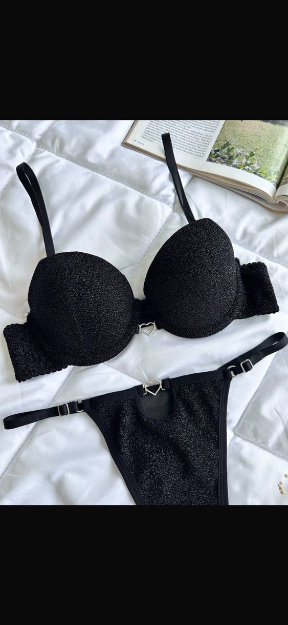 Siyah Simli Push Up Destekli Sıfır Sütyen+Tanga - Görsel 2
