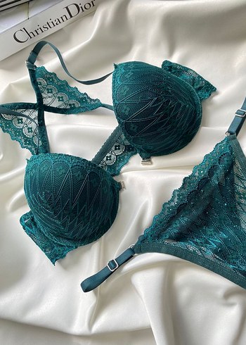 Çeyizlik Turkuaz Dantelli Sütyen+Tanga - Görsel 2