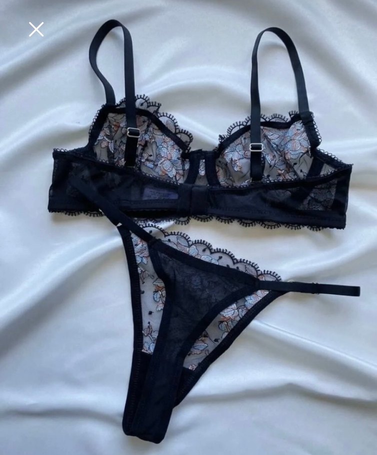 Siyah çiçekli sütyen tanga takım sıfır - Görsel 3