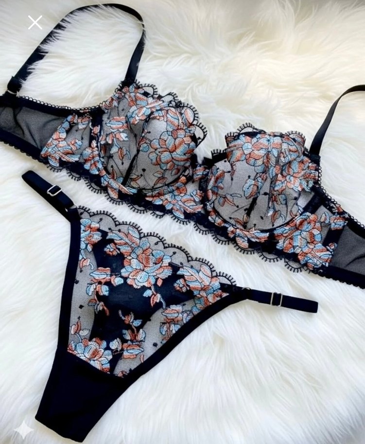 Siyah çiçekli sütyen tanga takım sıfır - Görsel 2