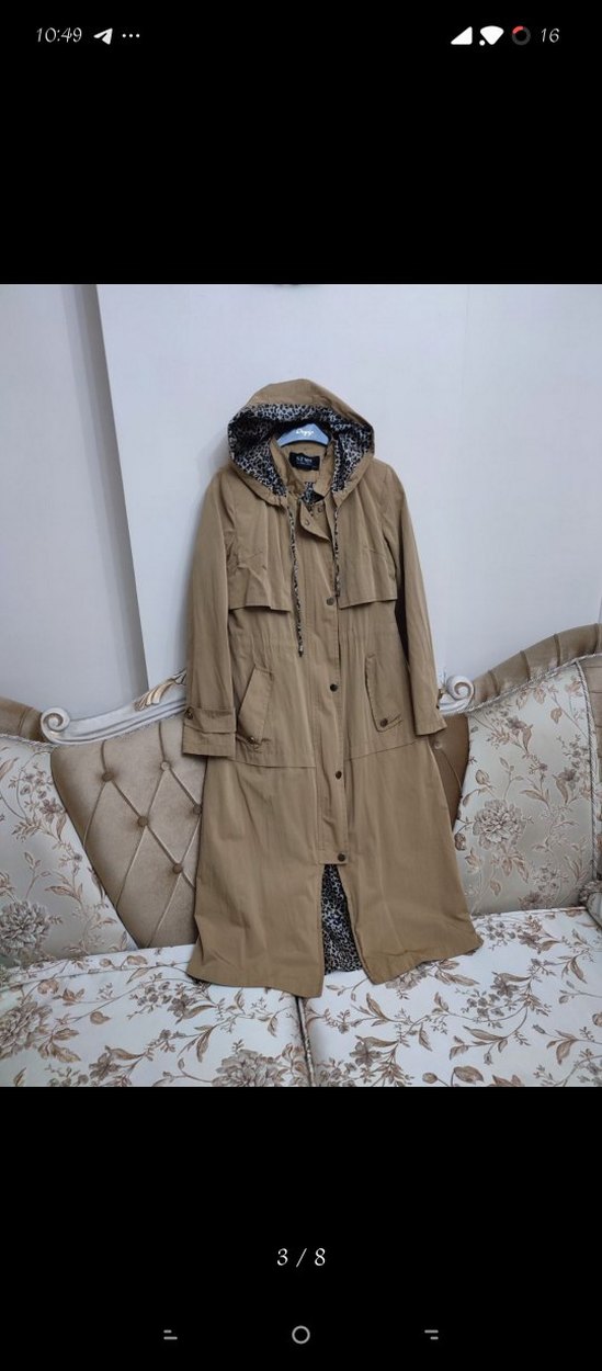 Leopar desenli kemerli uzun bej trençkot - Görsel 3