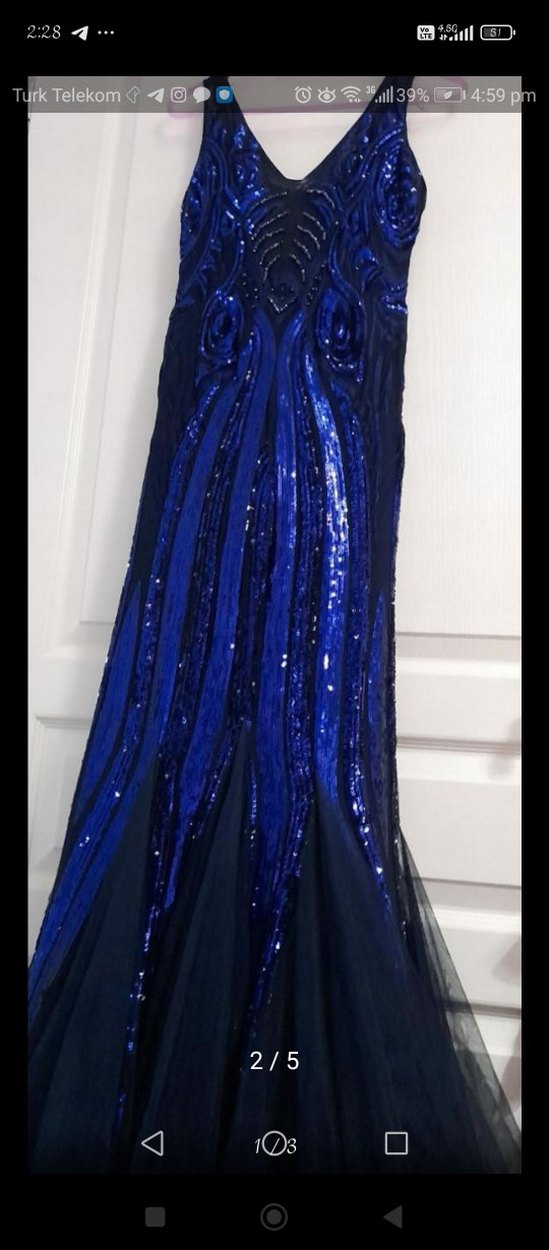 Mavi Uzun Balıklı Abiye Elbise - Görsel 2