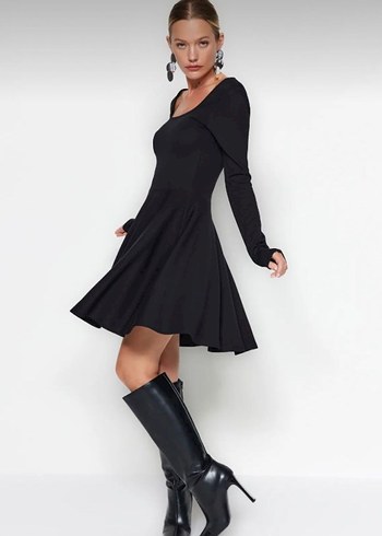 SiyahUzun Kollu Mini Elbise - Görsel 2