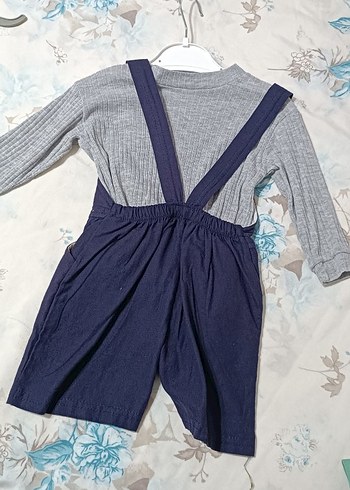 18-24 Ay Beden Nakışlı Gri Triko ve Mavi Denim Salopet