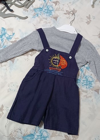 Nakışlı Gri Triko ve Mavi Denim Salopet