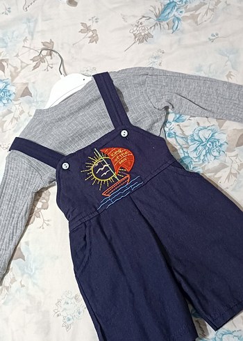 Diğer Nakışlı Gri Triko ve Mavi Denim Salopet