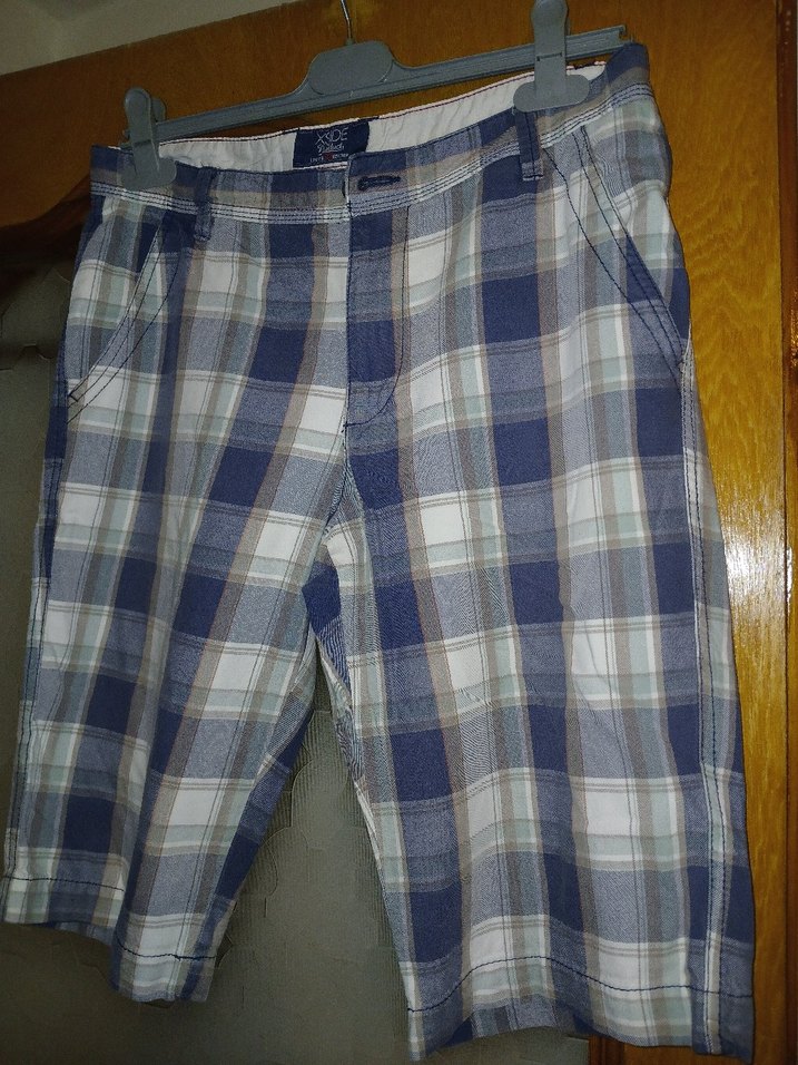 Düğmeli Erkek Midi Şort - Mavi Ekose - Görsel 2