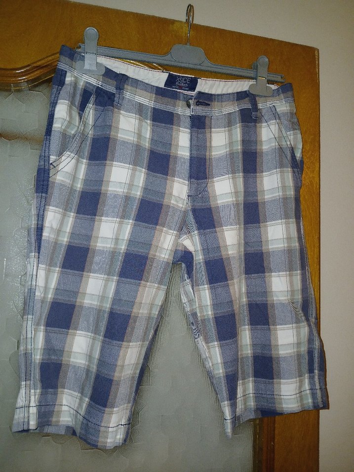 Düğmeli Erkek Midi Şort - Mavi Ekose - Görsel 3