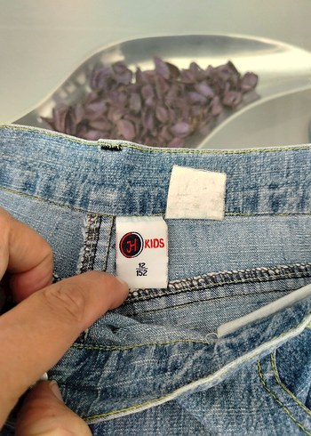 11-12yas Düğmeli Gri Baskılı Kadın Denim Jean şort