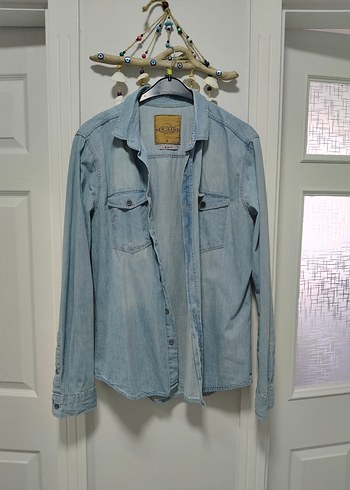 LC Waikiki L Beden Dugmeli Gri Mavi Denim Kot Gomlek