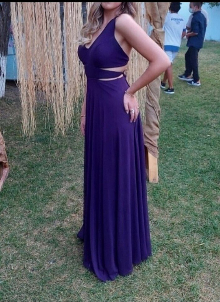 Mor V Yaka Uzun Abiye Elbise - Görsel 2