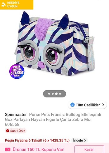 PURSE PETS METALLİC İNTERAKTİF MOR Zebra Desenli Kız Çanta - Görsel 11