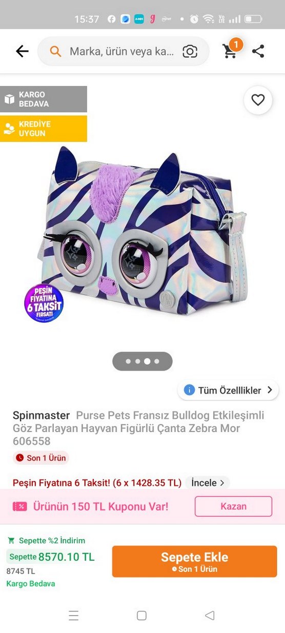 PURSE PETS METALLİC İNTERAKTİF MOR Zebra Desenli Kız Çanta - Görsel 2