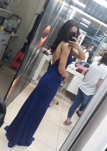 Parlak Mavi V Yakalı Uzun Kadın Elbise - Görsel 2