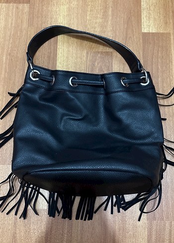 Püsküllü Siyah Deri Bohem Kadın Çanta - Görsel 2