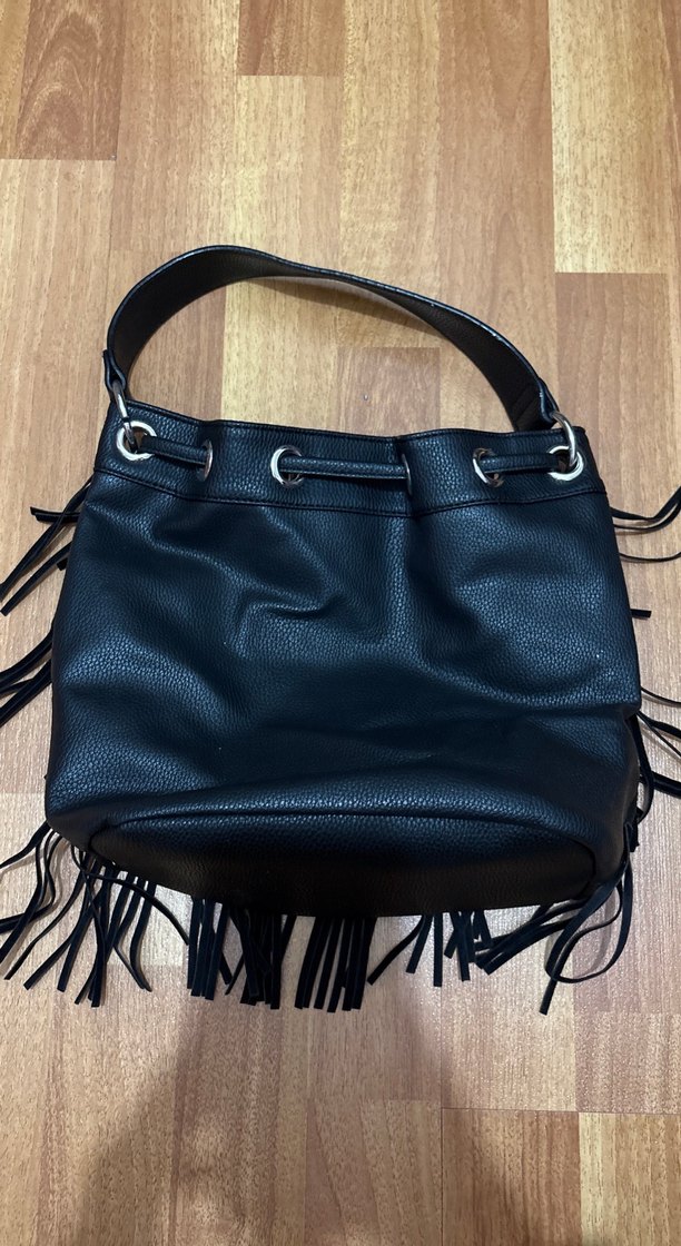 Püsküllü Siyah Deri Bohem Kadın Çanta - Görsel 2