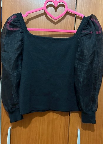 Kare Yaka Siyah Uzun Kollu Triko Bluz - Görsel 2