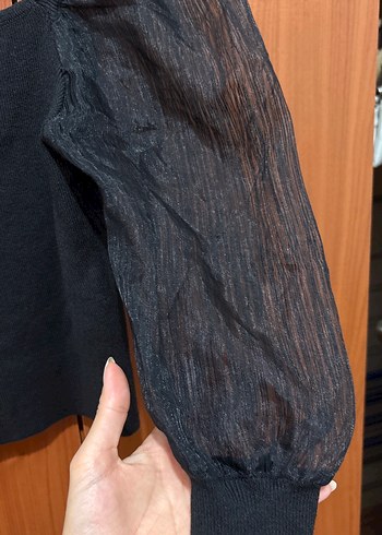 Kare Yaka Siyah Uzun Kollu Triko Bluz - Görsel 3