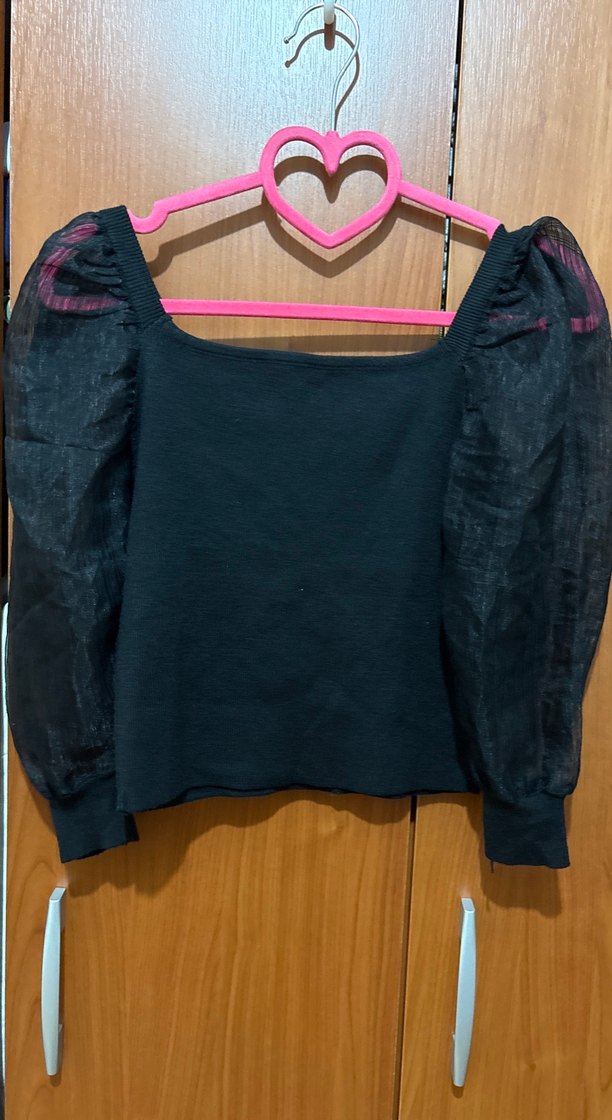 Kare Yaka Siyah Uzun Kollu Triko Bluz - Görsel 2