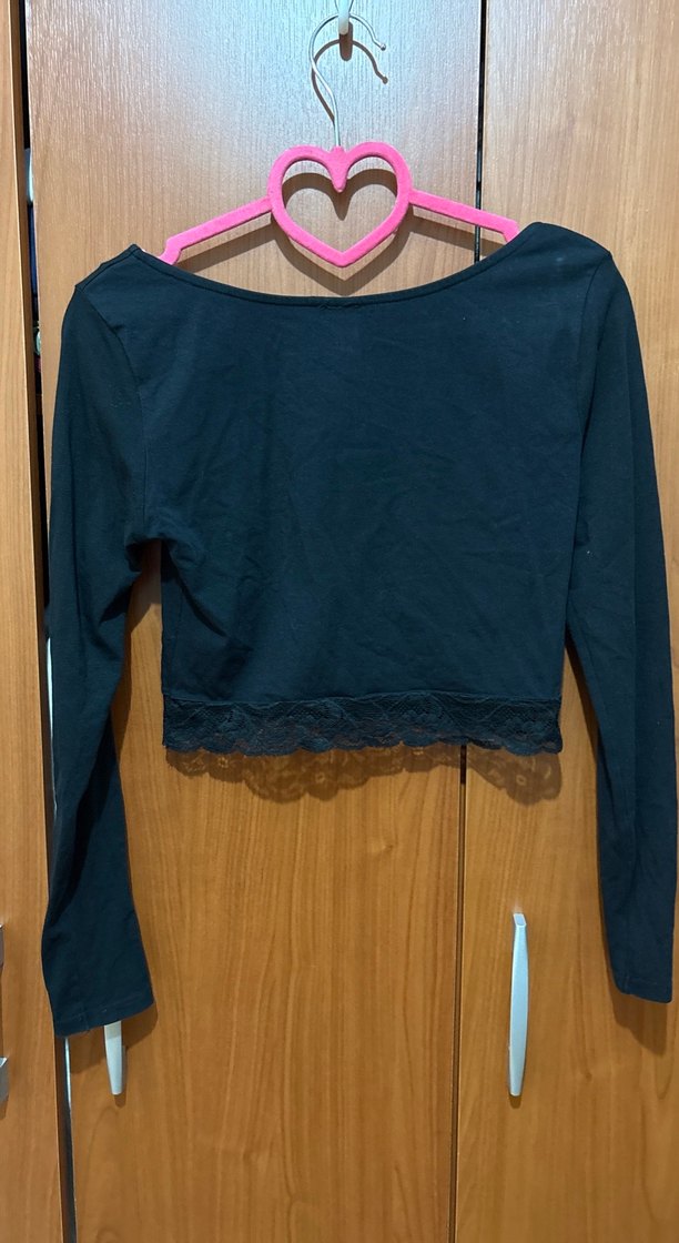 Siyah Dantelli Crop Top Uzun Kollu - Görsel 2