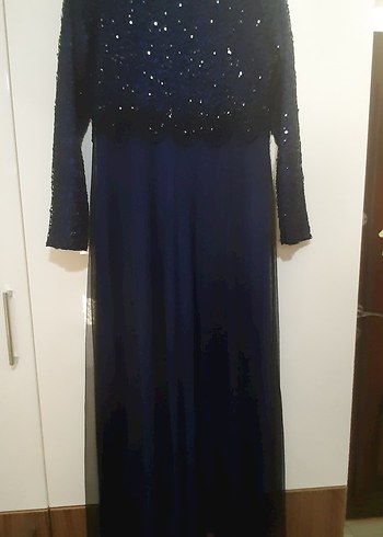 Uzun Kollu Saks Mavisi Kadın Abiye Elbise - Görsel 8