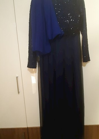 Uzun Kollu Saks Mavisi Kadın Abiye Elbise - Görsel 6