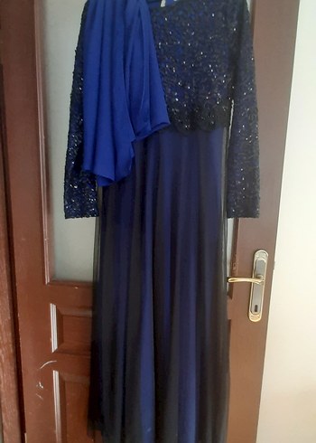 Uzun Kollu Saks Mavisi Kadın Abiye Elbise - Görsel 9