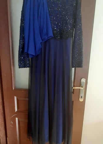 Uzun Kollu Saks Mavisi Kadın Abiye Elbise - Görsel 5