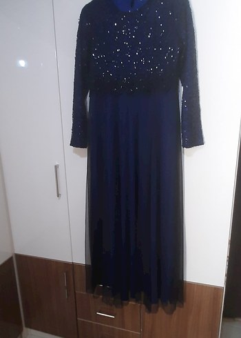 Uzun Kollu Saks Mavisi Kadın Abiye Elbise - Görsel 7