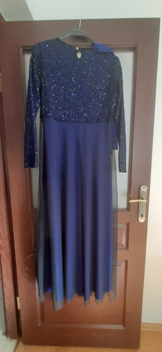 Uzun Kollu Saks Mavisi Kadın Abiye Elbise - Görsel 3