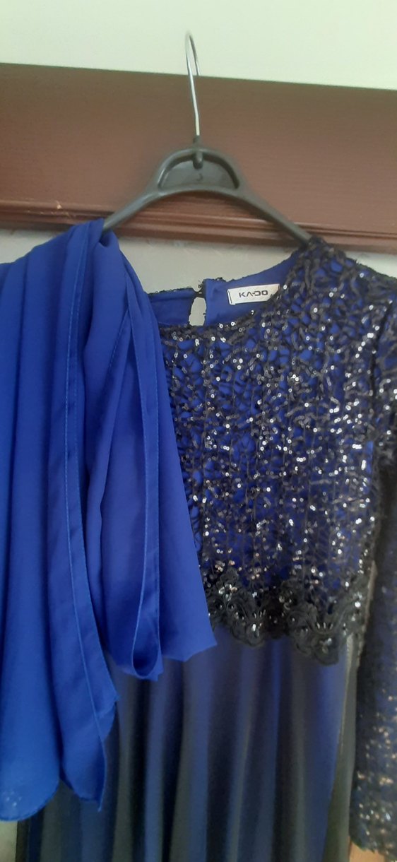 Uzun Kollu Saks Mavisi Kadın Abiye Elbise - Görsel 2