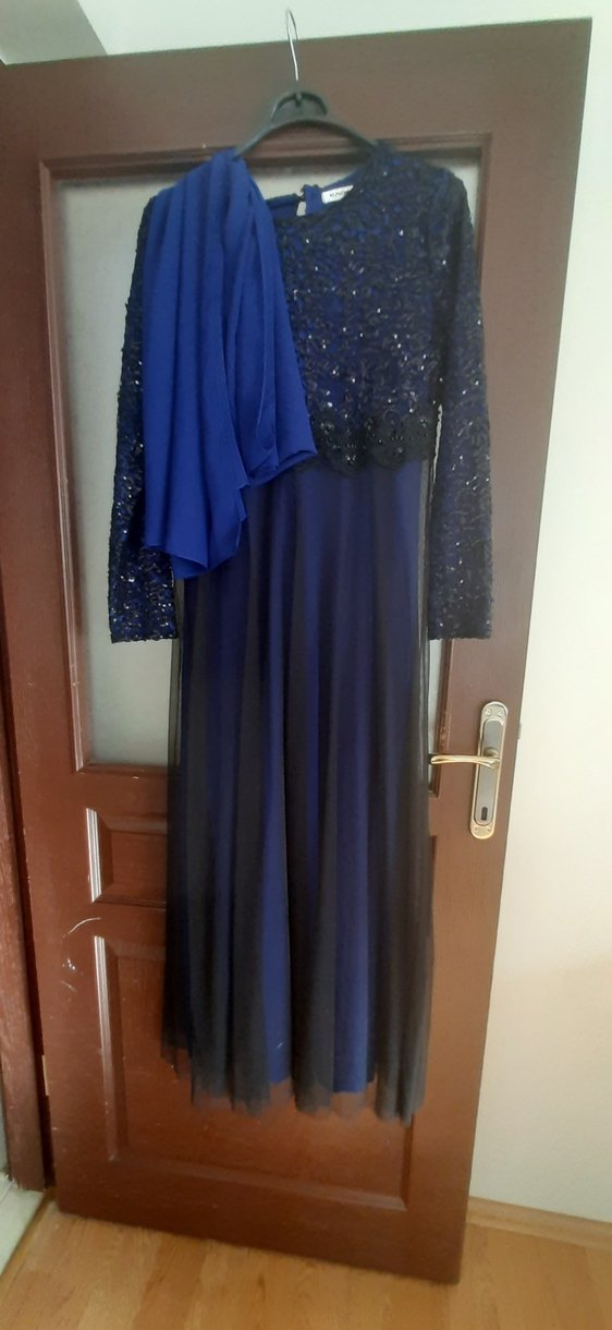 Uzun Kollu Saks Mavisi Kadın Abiye Elbise - Görsel 5