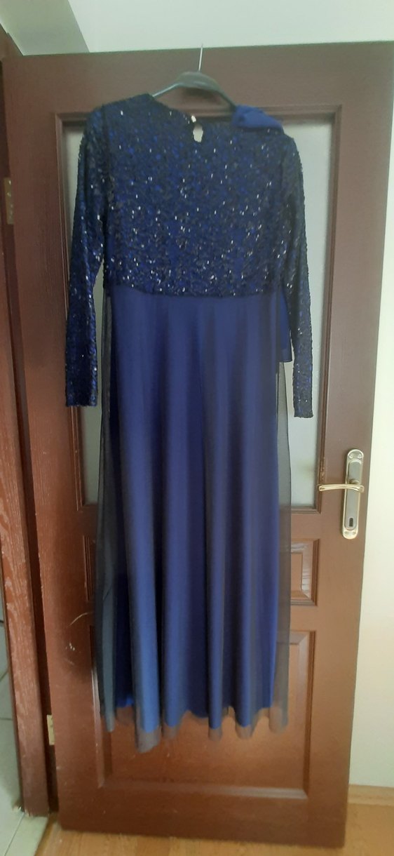 Uzun Kollu Saks Mavisi Kadın Abiye Elbise - Görsel 4