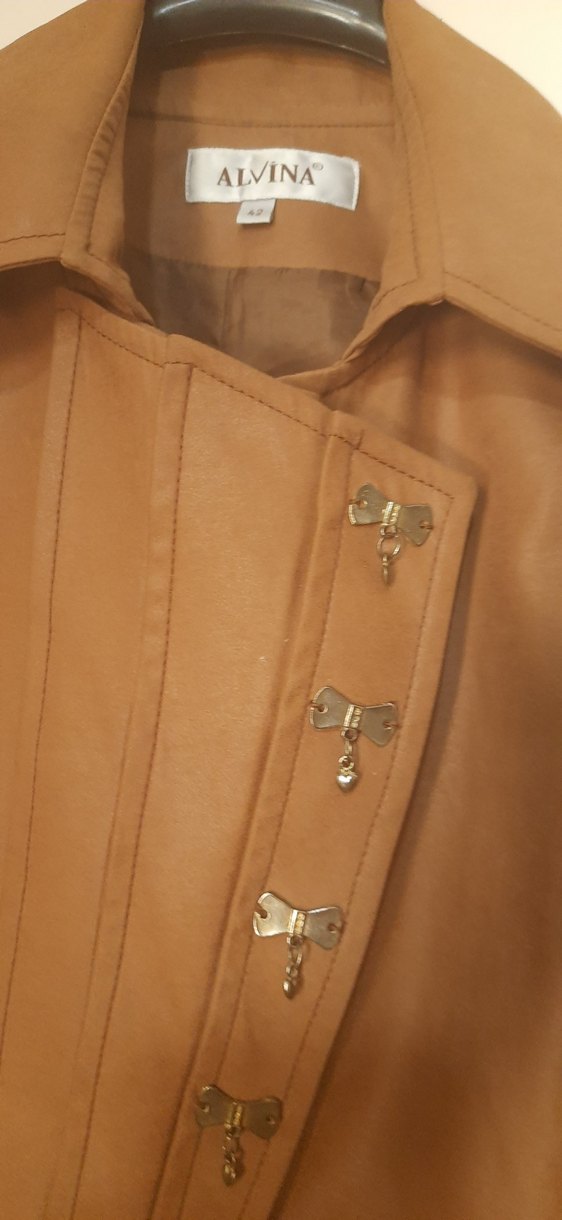 Düğmeli Kahverengi Deri Kadın Ceket - Görsel 4