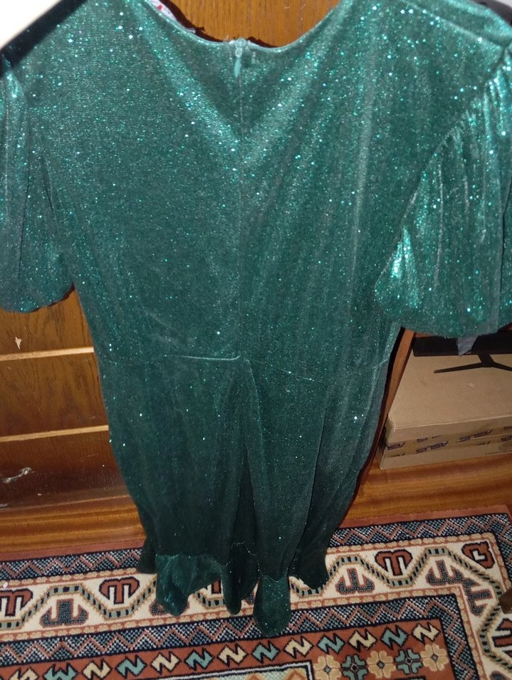 Karanlık Yeşil Parlak Gece Elbisesi - Görsel 3