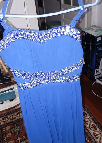 Mavi Nakışlı Uzun Abiye Elbise - Görsel 3