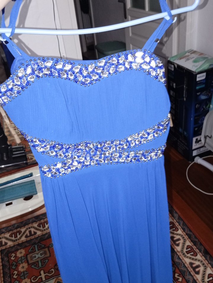 Mavi Nakışlı Uzun Abiye Elbise - Görsel 3