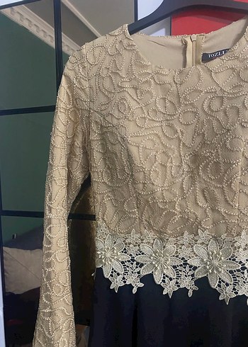 Dantel Detaylı Siyah Uzun Abiye Elbise - Görsel 2