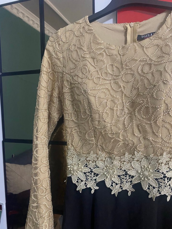 Dantel Detaylı Siyah Uzun Abiye Elbise - Görsel 2