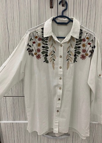 Nakışlı Bohem Uzun Kollu Beyaz Gömlek - Görsel 2